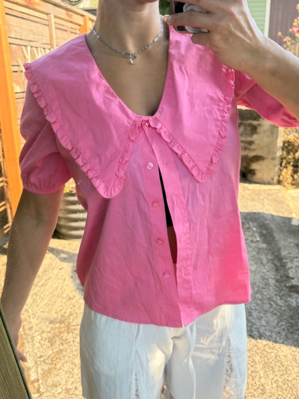 Wayf Pink Ruffle-Trim Button Down Top - Picture 2 of 8